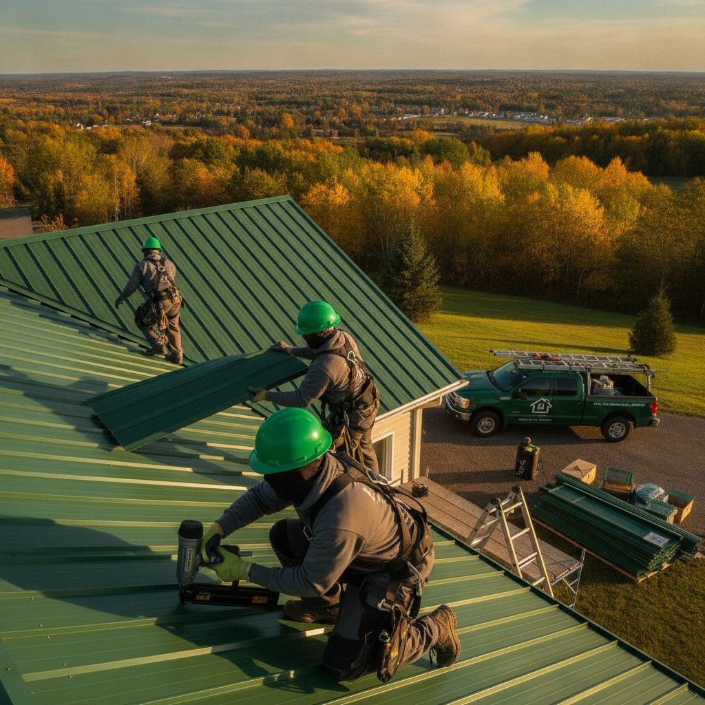 Professional roofing work on a residential home with clear blue sky
